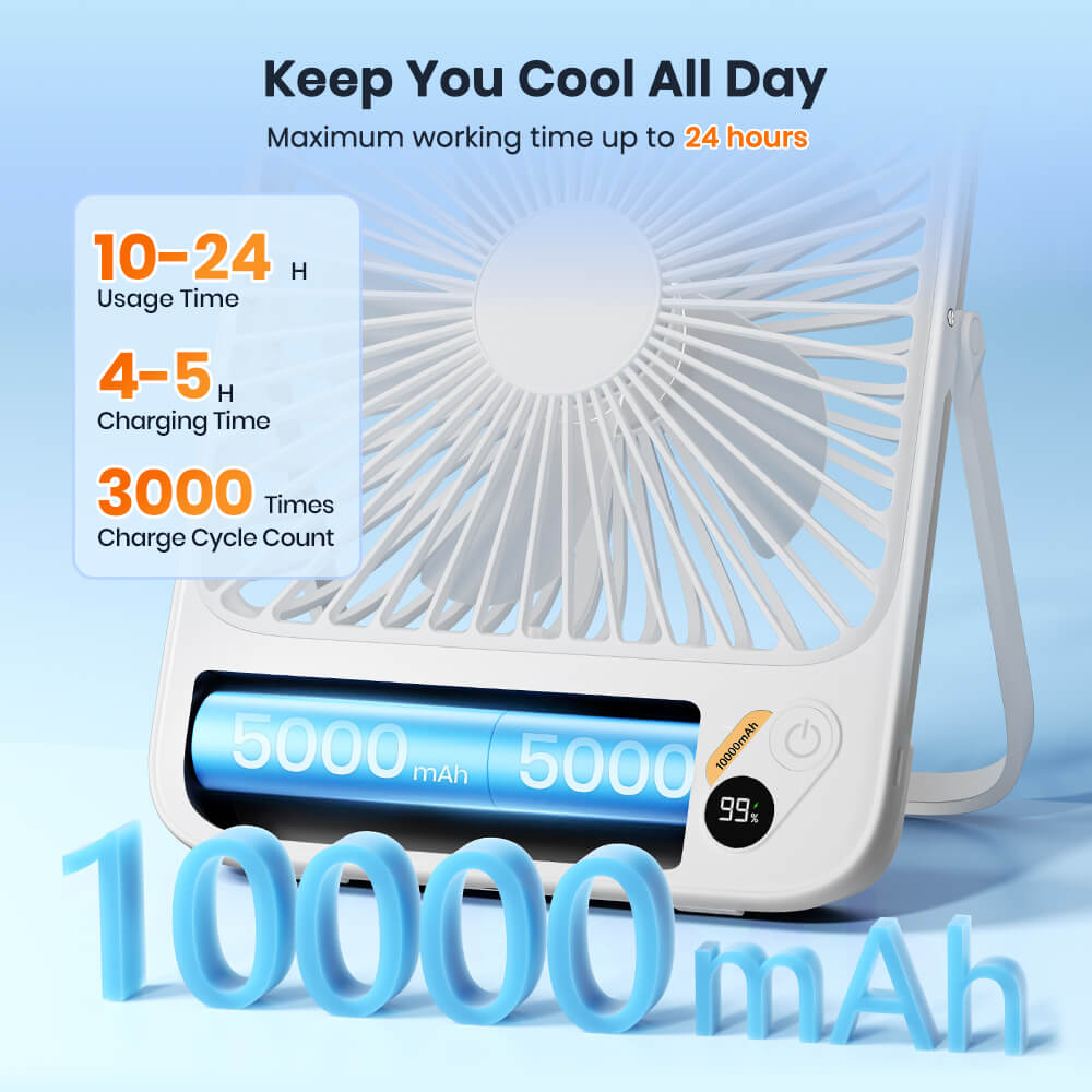 US Warehouse | Warmco 10000mAh Portable 7-Inch Travel Fan – Ultra-Thin Battery Operated Mini Desk Fan with Digital Display, 10–24H Runtime, for Bedroom, Camping, Cruise Essentials & Outdoor Use
