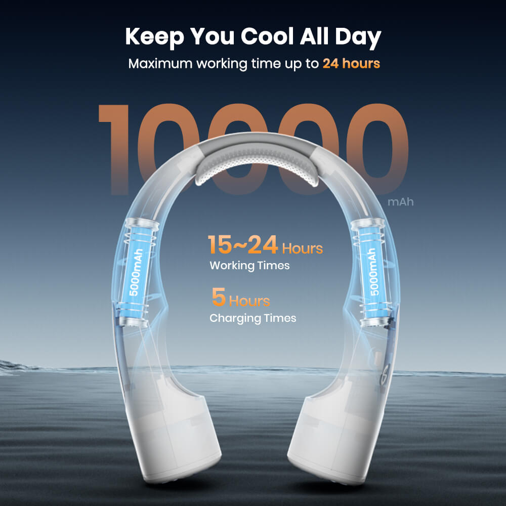 US Warehouse | Warmco 10000mAh Portable Neck Fan – 4-Speed Rechargeable, 360° All-Around Cooling, 24H Runtime, Hands-Free Wearable Fan for Travel, Office, Camping & Hot Weather (Men & Women)