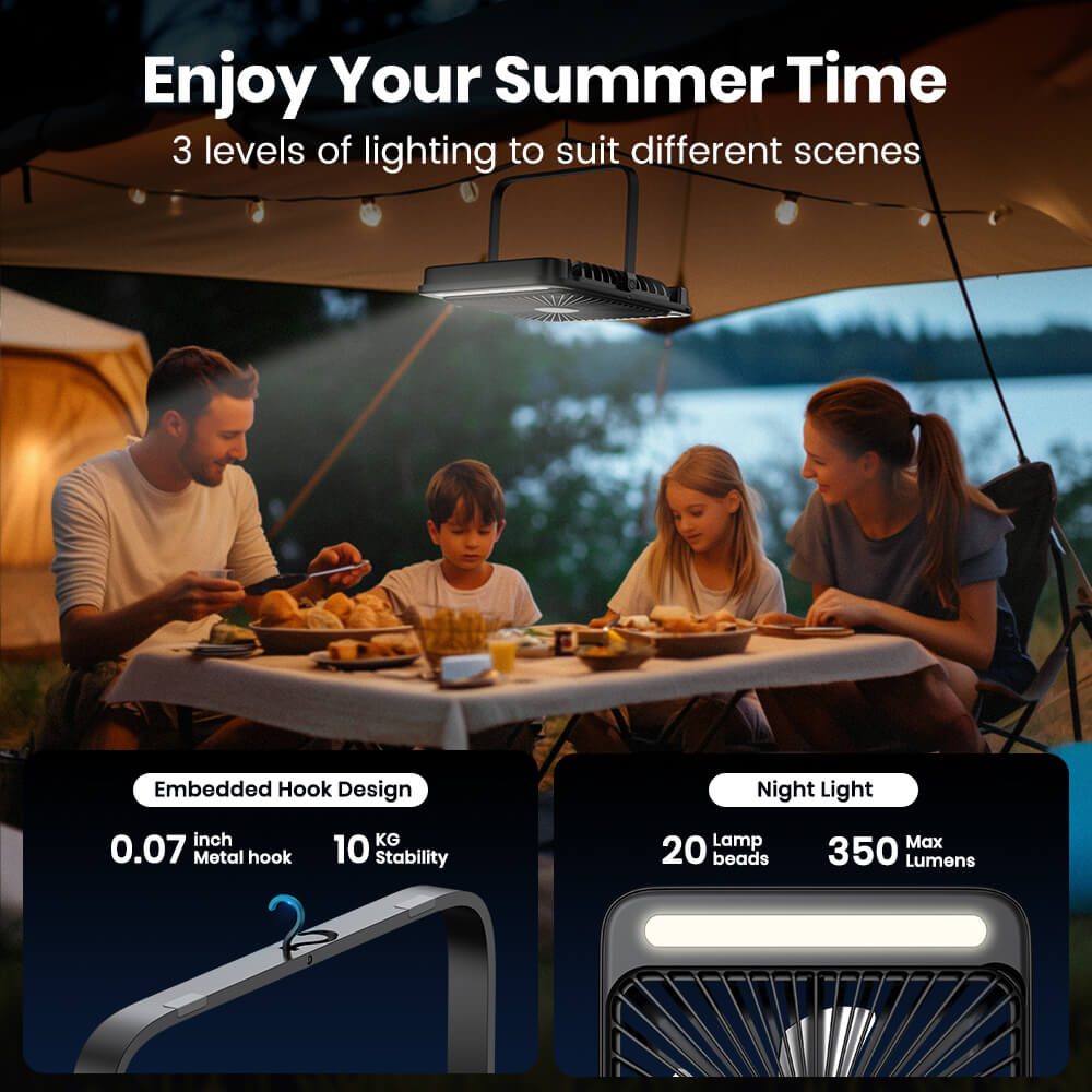 US Warehouse | Warmco 20000mAh 8-Inch Portable Camping Fan with LED Light – Rechargeable, Ultra-Thin, 15–48H Runtime, Ideal for Travel, Outdoor, Indoor, Cruise Essentials