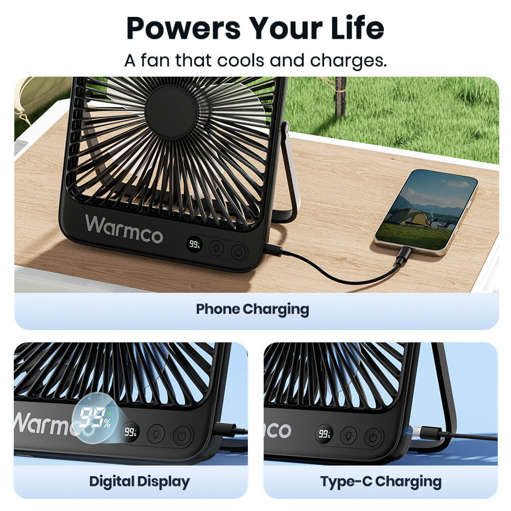 US Warehouse | Warmco 20000mAh 8-Inch Portable Camping Fan with LED Light – Rechargeable, Ultra-Thin, 15–48H Runtime, Ideal for Travel, Outdoor, Indoor, Cruise Essentials