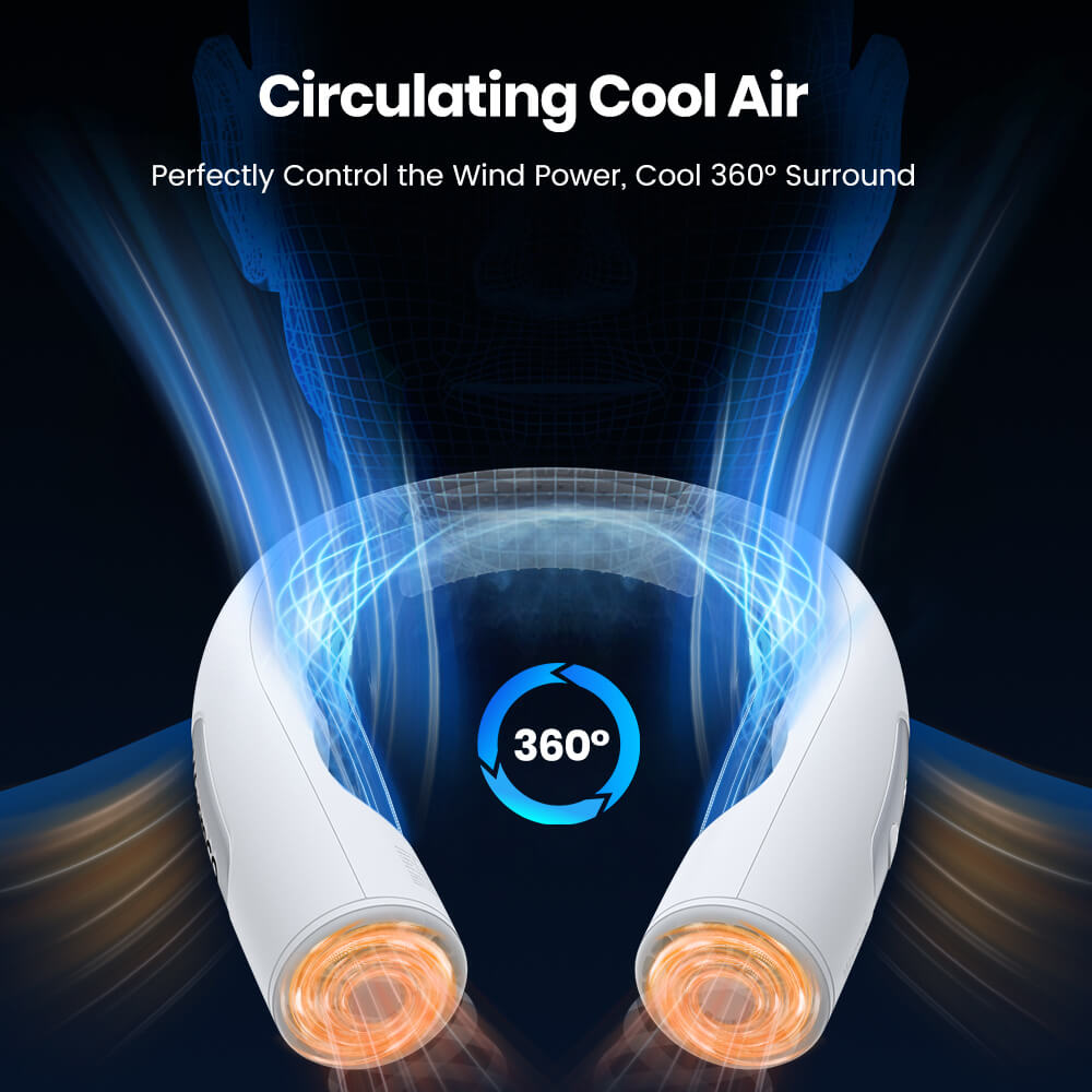 US Warehouse | Warmco 10000mAh Portable Neck Fan – 4-Speed Rechargeable, 360° All-Around Cooling, 24H Runtime, Hands-Free Wearable Fan for Travel, Office, Camping & Hot Weather (Men & Women)