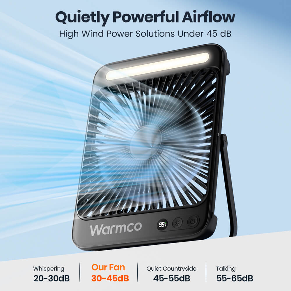 US Warehouse | Warmco 20000mAh 8-Inch Portable Camping Fan with LED Light – Rechargeable, Ultra-Thin, 15–48H Runtime, Ideal for Travel, Outdoor, Indoor, Cruise Essentials