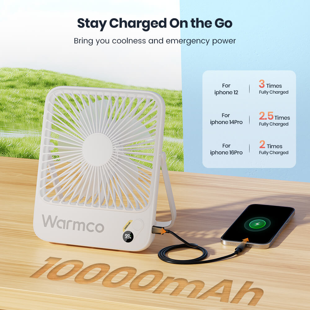 US Warehouse | Warmco 10000mAh Portable 7-Inch Travel Fan – Ultra-Thin Battery Operated Mini Desk Fan with Digital Display, 10–24H Runtime, for Bedroom, Camping, Cruise Essentials & Outdoor Use