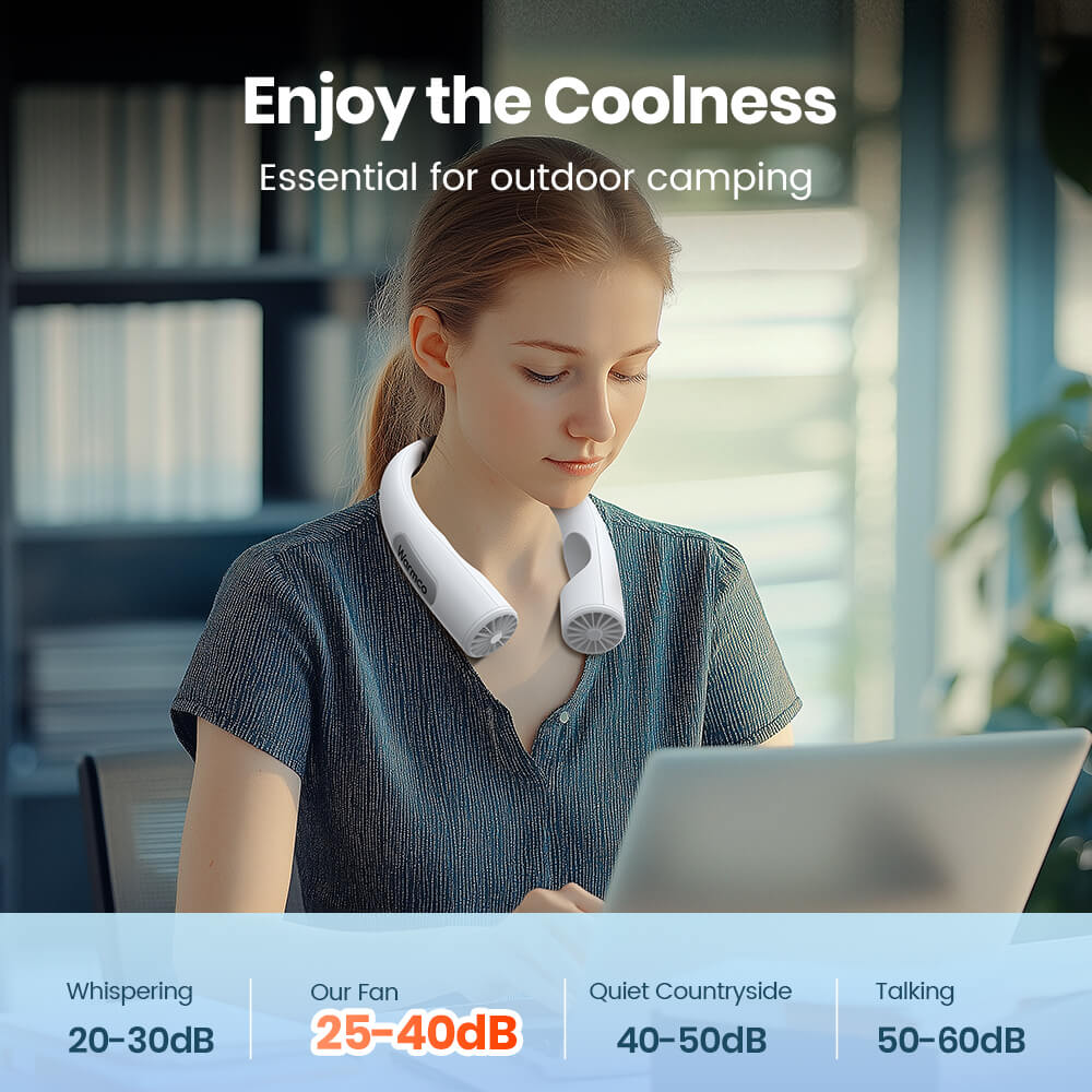 US Warehouse | Warmco 10000mAh Portable Neck Fan – 4-Speed Rechargeable, 360° All-Around Cooling, 24H Runtime, Hands-Free Wearable Fan for Travel, Office, Camping & Hot Weather (Men & Women)