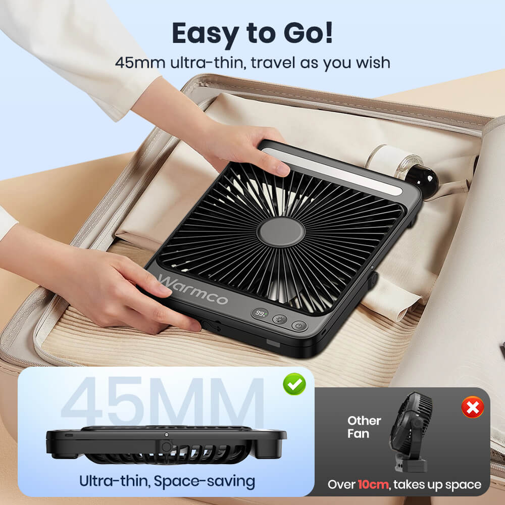 US Warehouse | Warmco 20000mAh 8-Inch Portable Camping Fan with LED Light – Rechargeable, Ultra-Thin, 15–48H Runtime, Ideal for Travel, Outdoor, Indoor, Cruise Essentials