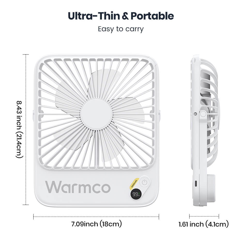 US Warehouse | Warmco 10000mAh Portable 7-Inch Travel Fan – Ultra-Thin Battery Operated Mini Desk Fan with Digital Display, 10–24H Runtime, for Bedroom, Camping, Cruise Essentials & Outdoor Use