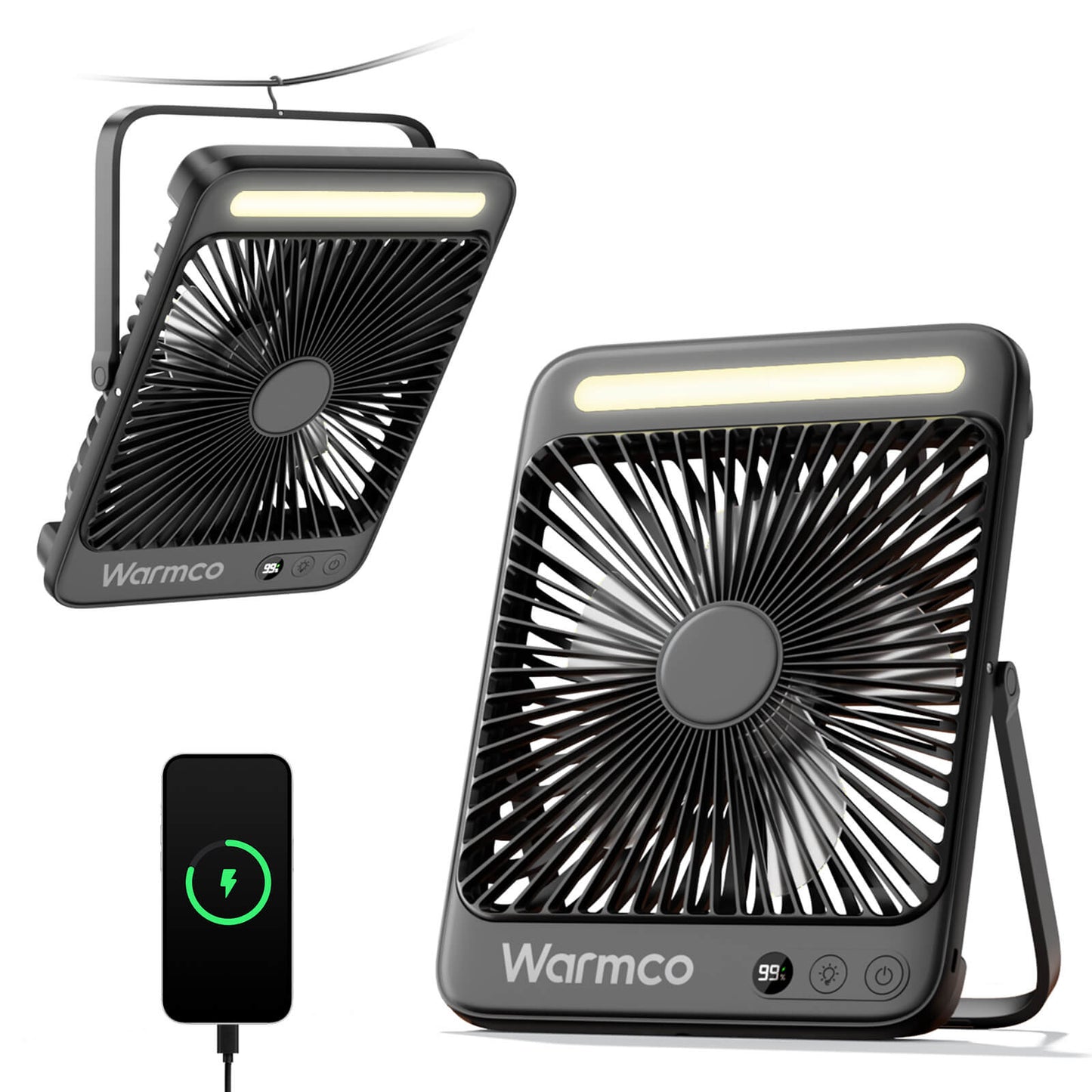 US Warehouse | Warmco 20000mAh 8-Inch Portable Camping Fan with LED Light – Rechargeable, Ultra-Thin, 15–48H Runtime, Ideal for Travel, Outdoor, Indoor, Cruise Essentials
