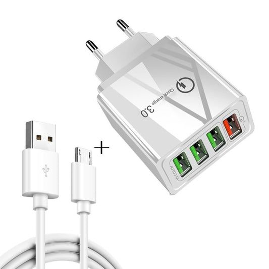 2 in 1 1m USB to Micro USB Data Cable + 30W QC 3.0 4 USB Interfaces Mobile Phone Tablet PC Universal Quick Charger Travel Charger Set, EU Plug, Micro USB Set EU Plug - ORIWHIZ