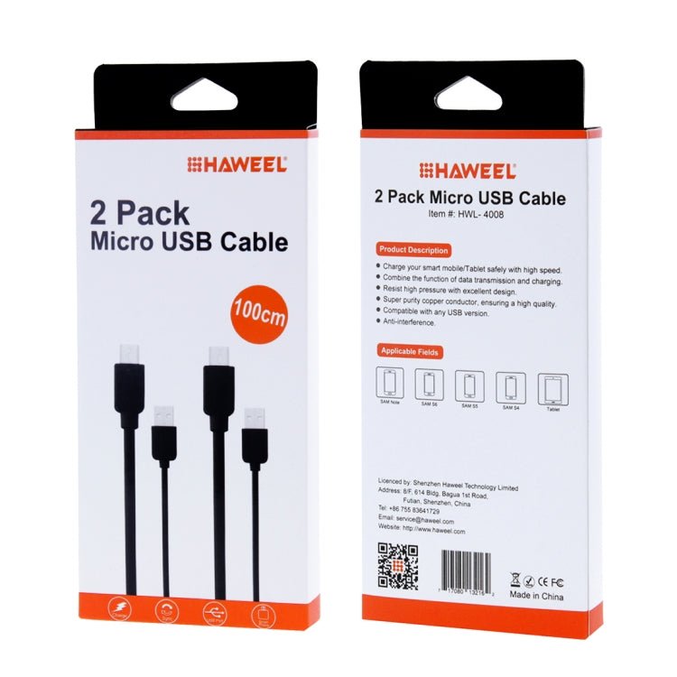 2 PCS HAWEEL 1m High Speed Micro USB to USB Data Sync Charging Cable Kits For Galaxy, Huawei, Xiaomi, LG, HTC and other Smart Phones, 2pcs - ORIWHIZ