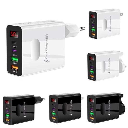 2 USB+2 Type - C Digital Display Mobile Phone Multi - port Charger, EU Plug Black, US Plug Black, UK Plug Black, EU Plug White, US Plug White, UK Plug White - ORIWHIZ