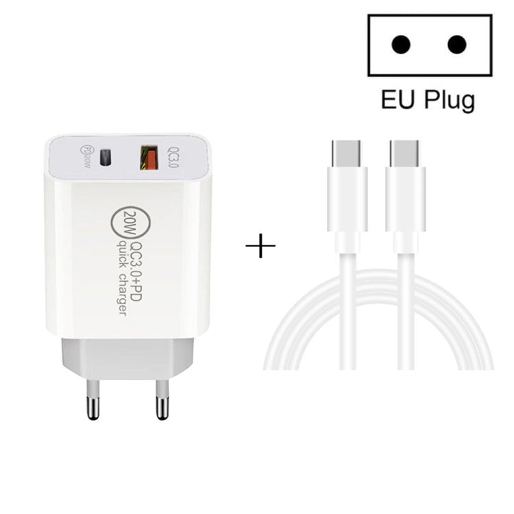 20W PD Type - C + QC 3.0 USB Interface Fast Charging Travel Charger with USB - C / Type - C to Type - C Fast Charge Data Cable, US Plug, AU Plug, EU Plug - ORIWHIZ