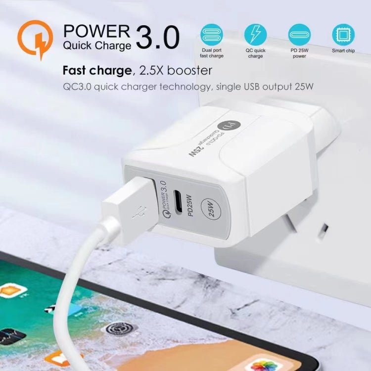 25W PD Type - C + QC3.0 USB Ports Travel Charger, UK Plug - ORIWHIZ