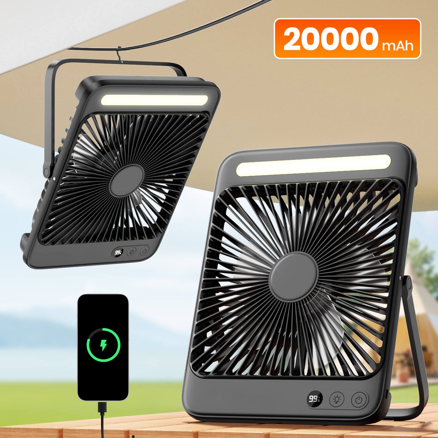 US Warehouse | Warmco 20000mAh 8-Inch Portable Camping Fan with LED Light – Rechargeable, Ultra-Thin, 15–48H Runtime, Ideal for Travel, Outdoor, Indoor, Cruise Essentials