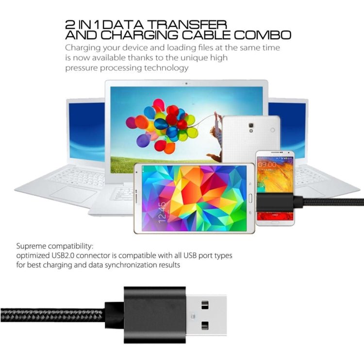 2m 3A Woven Style Metal Head Micro USB to USB Data / Charger Cable, 2m Micro USB - ORIWHIZ