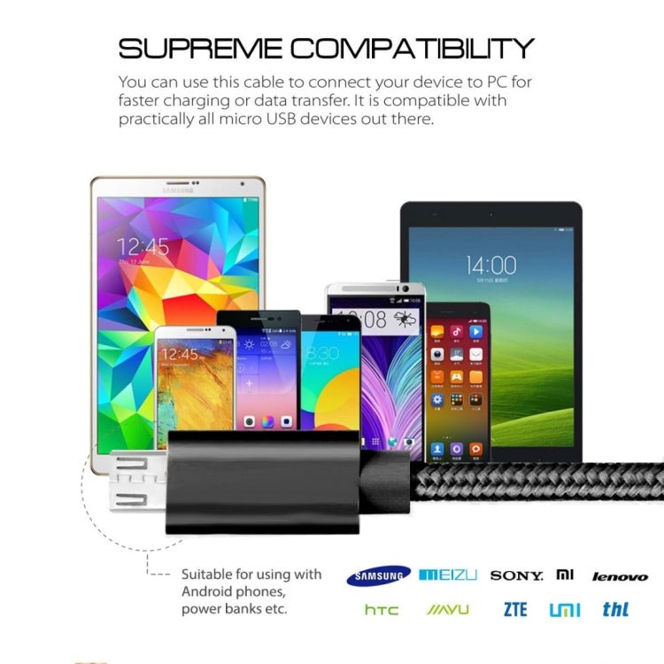 2m 3A Woven Style Metal Head Micro USB to USB Data / Charger Cable, 2m Micro USB - ORIWHIZ