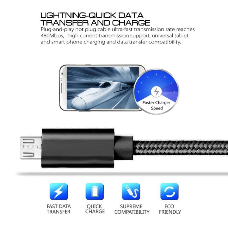 2m 3A Woven Style Metal Head Micro USB to USB Data / Charger Cable, 2m Micro USB - ORIWHIZ
