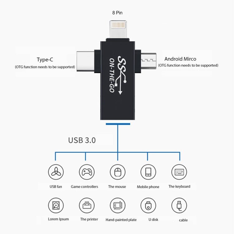 3 in 1 USB 3.0 to 8 Pin + Micro USB + USB - C / Type - C Interface Multifunctional OTG Adapter - ORIWHIZ