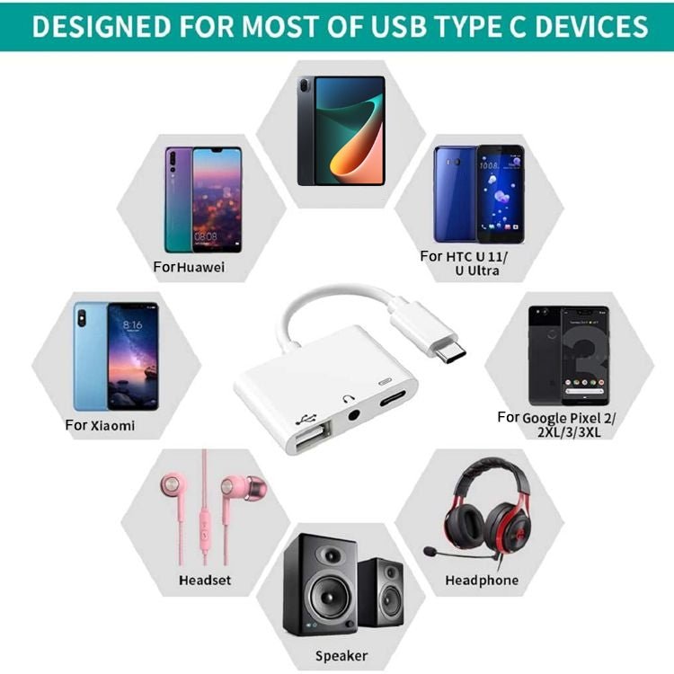 3 in 1 USB - C OTG Adapter with 3.5mm Headphone Jack, Compatible for iPad Pro and Type - C Jack Phone, 3 in 1 - ORIWHIZ