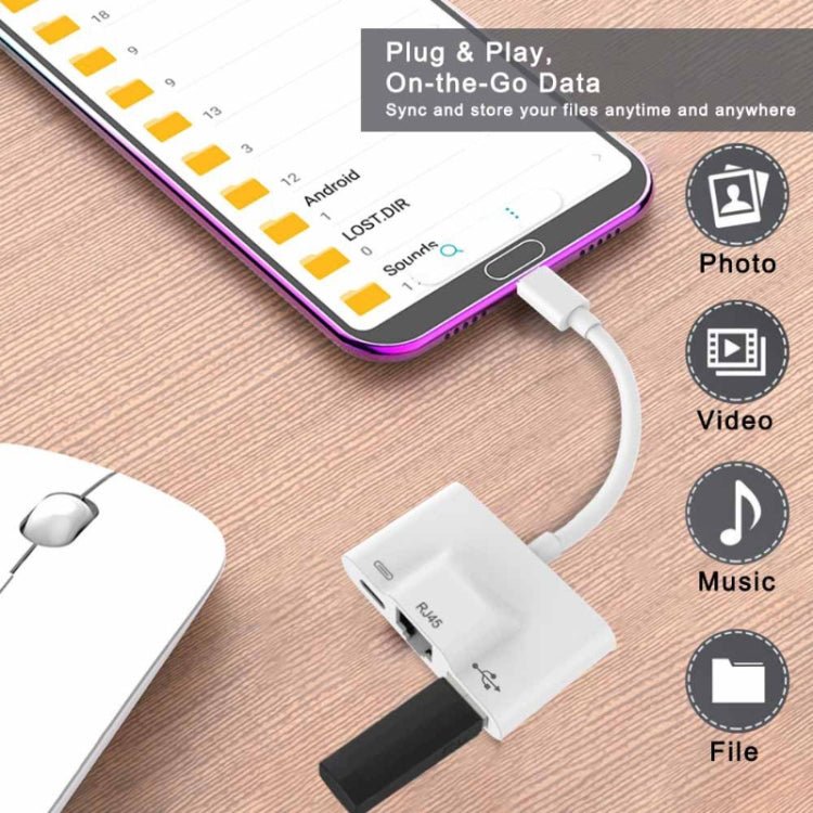 3 in 1 USB - C / Type - C Male to USB + 100M RJ45 Ethernet + Type - C Power Female Adapter, 3 in 1 - ORIWHIZ