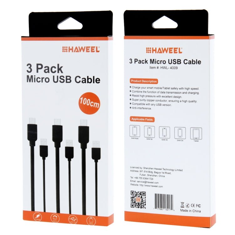 3 PCS HAWEEL 1m High Speed Micro USB to USB Data Sync Charging Cable Kits For Galaxy, Huawei, Xiaomi, LG, HTC and other Smart Phones, 3pcs - ORIWHIZ