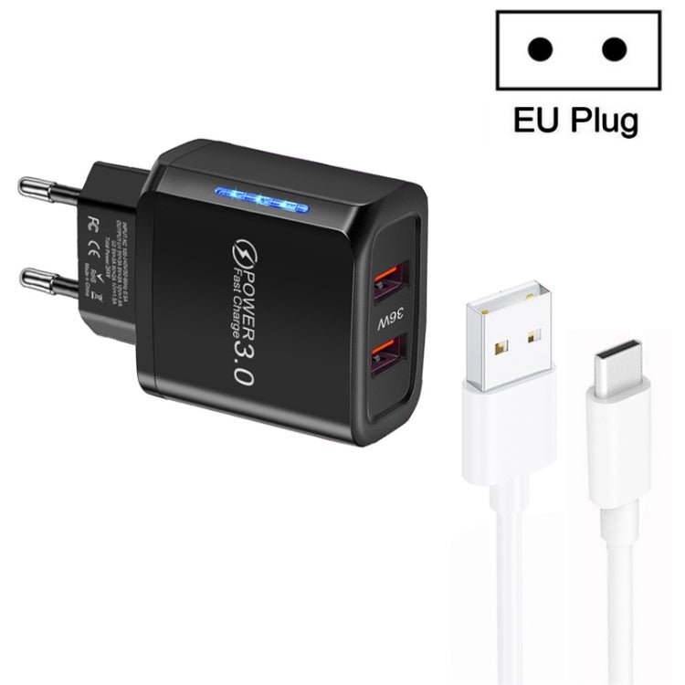 36W Dual Port QC3.0 USB Charger with 3A USB to Type - C Data Cable , EU Plug, EU Plug + USB to Type - C Cable - ORIWHIZ