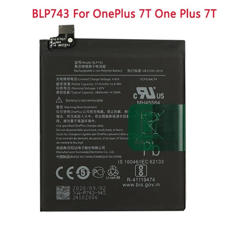 3800mAh BLP743 for OnePlus 7T Li - ion Polymer Battery, For OnePlus 7T - ORIWHIZ