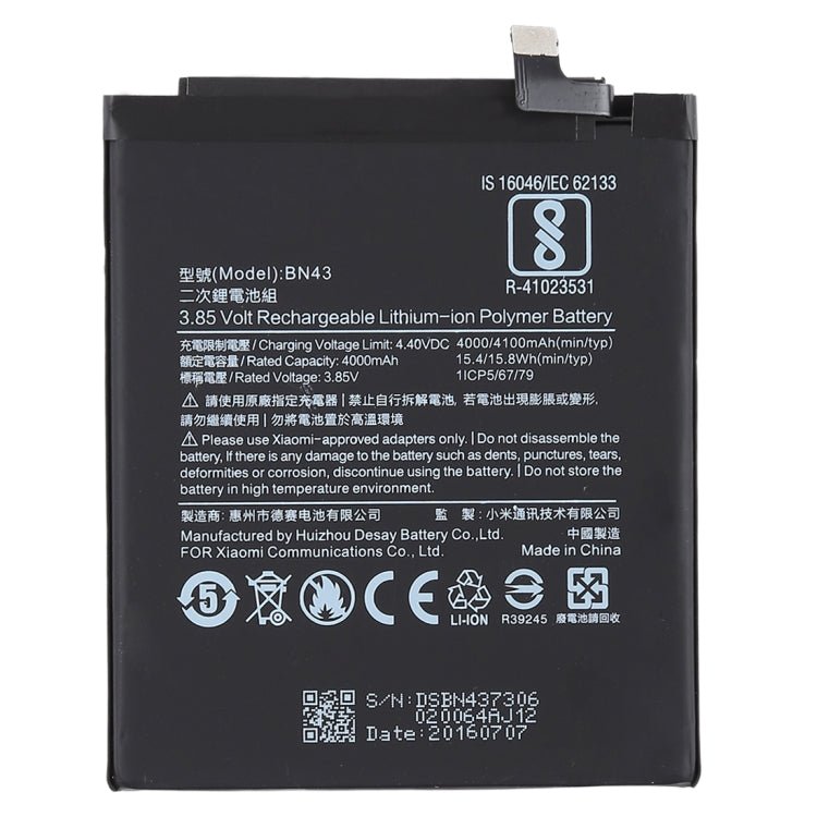 4000mAh BN43 for Xiaomi Redmi Note 4X Li - Polymer Battery, For Redmi Note 4X - ORIWHIZ