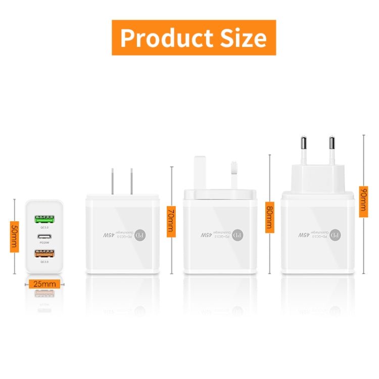 45W PD25W + 2 x QC3.0 USB Multi Port Charger with USB to Type - C Cable, US Plug, US Plug + USB to Type - C Cable - ORIWHIZ