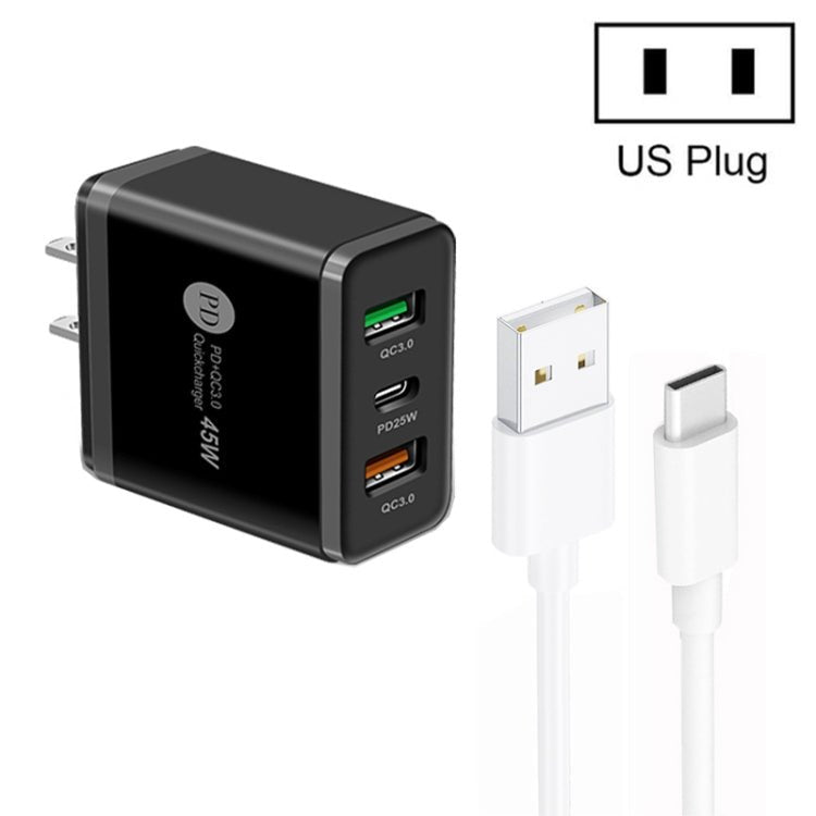 45W PD25W + 2 x QC3.0 USB Multi Port Charger with USB to Type - C Cable, US Plug, US Plug + USB to Type - C Cable - ORIWHIZ