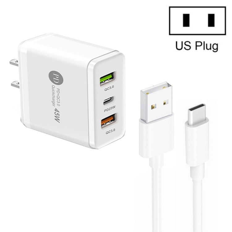 45W PD25W + 2 x QC3.0 USB Multi Port Charger with USB to Type - C Cable, US Plug, US Plug + USB to Type - C Cable - ORIWHIZ