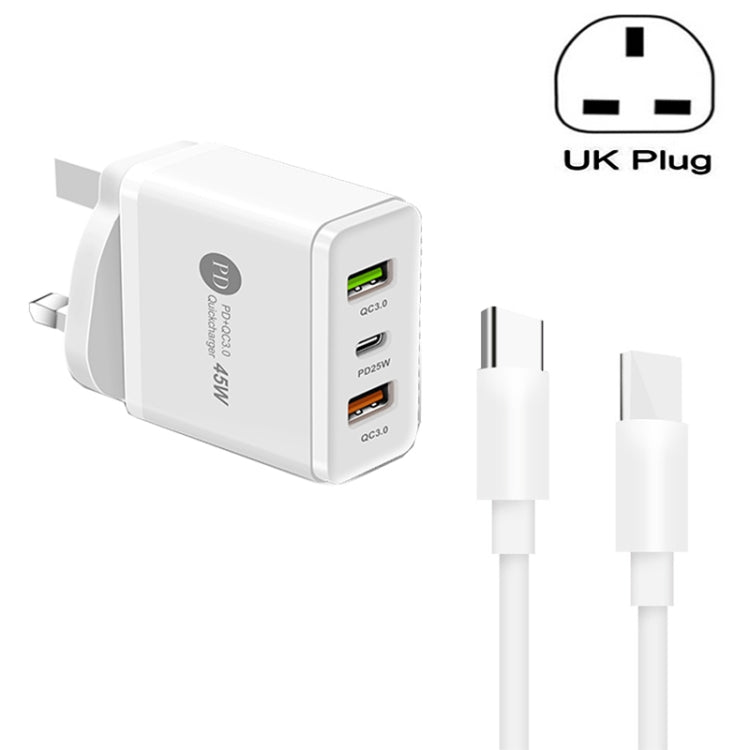 45W PD3.0 + 2 x QC3.0 USB Multi Port Charger with Type - C to Type - C Cable, UK Plug, UK Plug + Type - C to Type - C Cable - ORIWHIZ
