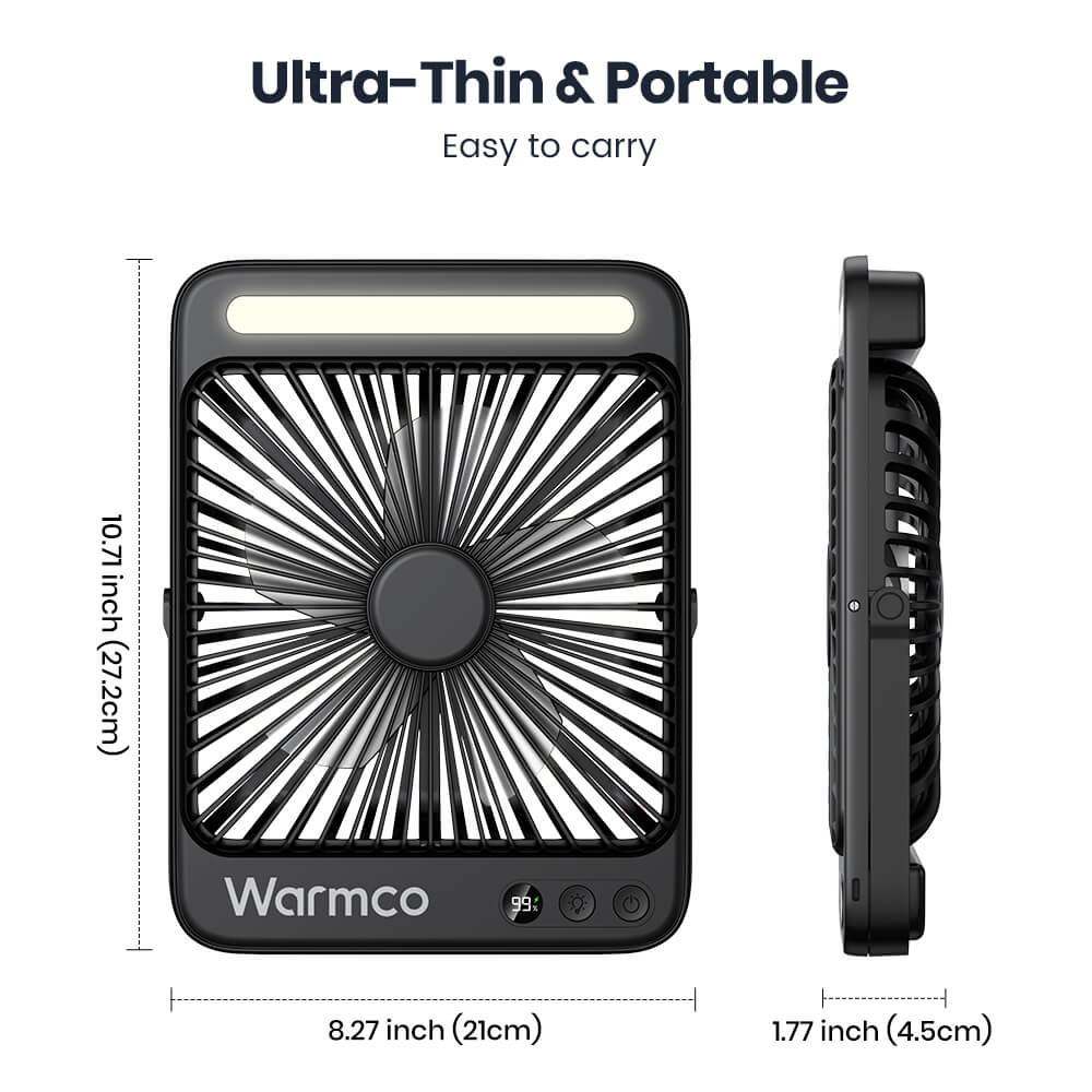 US Warehouse | Warmco 20000mAh 8-Inch Portable Camping Fan with LED Light – Rechargeable, Ultra-Thin, 15–48H Runtime, Ideal for Travel, Outdoor, Indoor, Cruise Essentials