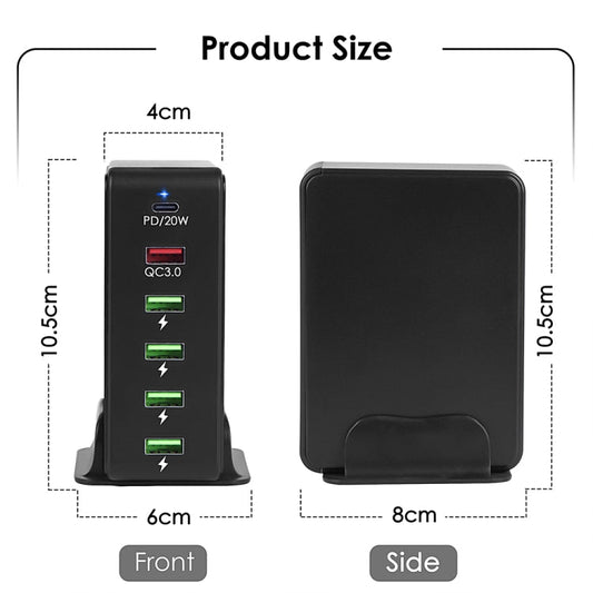 6 in 1 65W PD USB - C / Type - C + QC 3.0 USB + 4 USB Multi - port Travel Charger,, US Plug, EU Plug, UK Plug, AU Plug - ORIWHIZ