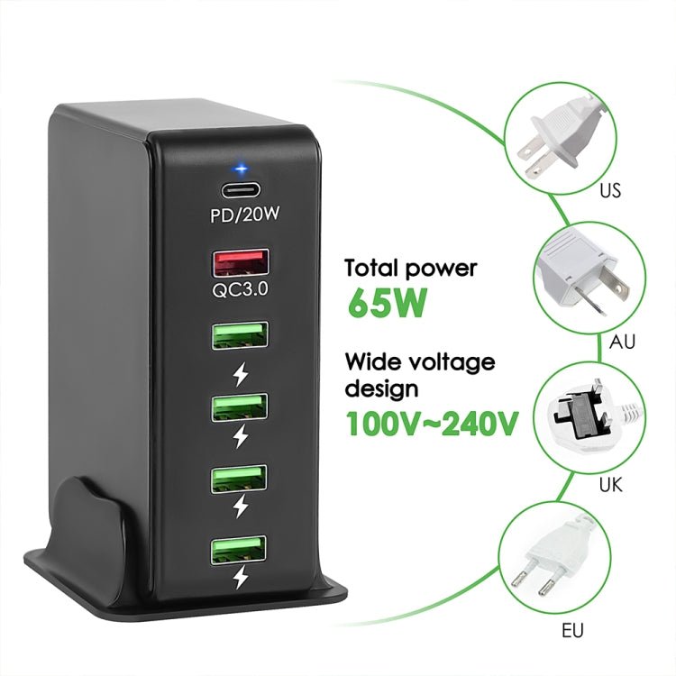 6 in 1 65W PD USB - C / Type - C + QC 3.0 USB + 4 USB Multi - port Travel Charger,, US Plug, EU Plug, UK Plug, AU Plug - ORIWHIZ