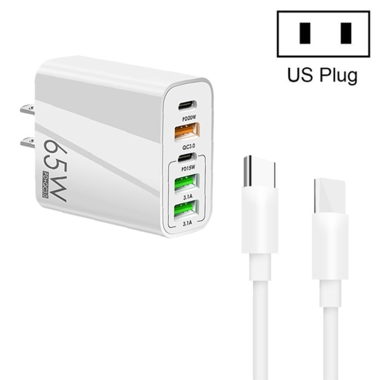 65W Dual PD Type - C + 3 x USB Multi Port Charger with 3A Type - C to Type - C Data Cable, US Plug, US Plug + Type - C to Type - C Cable - ORIWHIZ