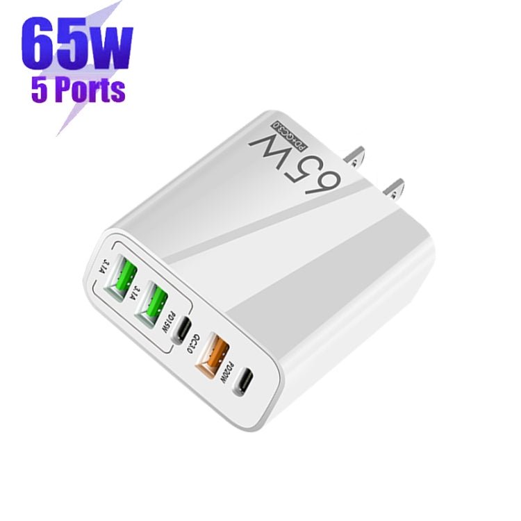 65W Dual PD Type - C + 3 x USB Multi Port Charger with 3A Type - C to Type - C Data Cable, US Plug, US Plug + Type - C to Type - C Cable - ORIWHIZ