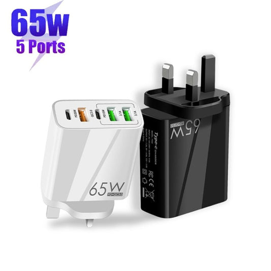 65W Dual PD Type - C + 3 x USB Multi Port Charger with 3A USB to Type - C Data Cable, UK Plug, UK Plug + USB to Type - C Cable - ORIWHIZ