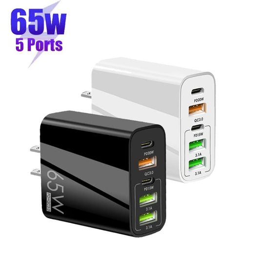 65W Dual PD Type - C + 3 x USB Multi Port Charger with 3A USB to Type - C Data Cable, US Plug, US Plug + USB to Type - C Cable - ORIWHIZ