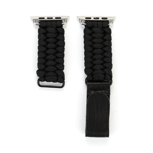 Magic Paste Genuine Leather Umbrella Rope Nylon Wrist Watch Band with and Stainless Steel Buckle for Apple Watch Series 10 42mm / 9&8&7 41mm / SE 3&SE 2&6&SE&5&4 40mm / 3&2&1 38mm, 7 41mm / 6&SE&5&4 40mm / 3&2&1 38mm