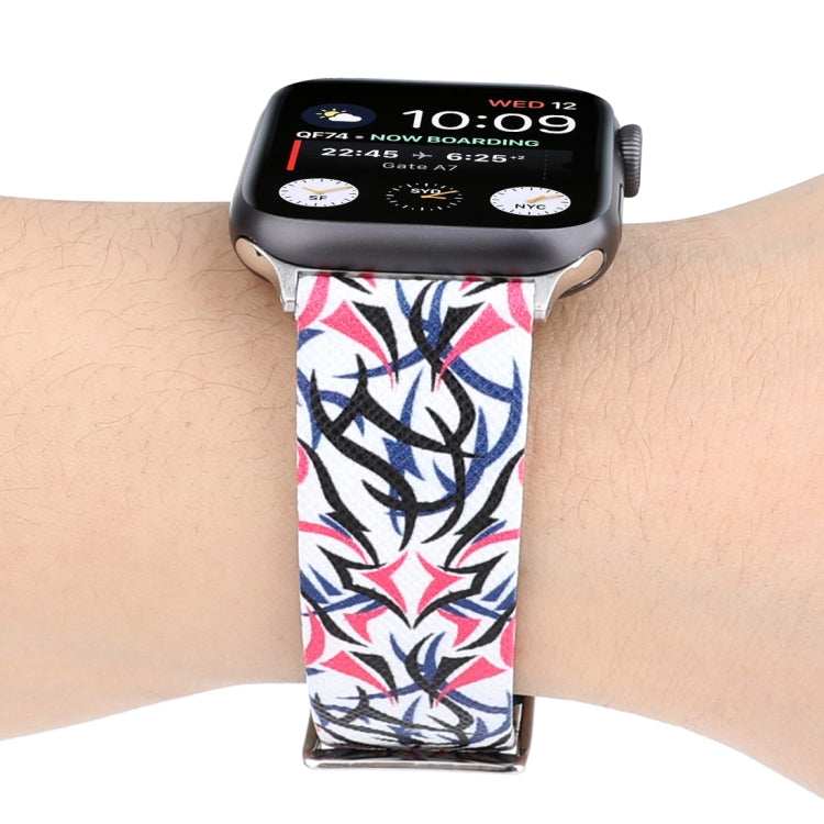 Thorns Printing Genuine Leather Watch Band for Apple Watch Ultra 49mm&Watch Ultra 2 49mm / Series 10 46mm / 9&8&7 45mm / SE 3&SE 2&6&SE&5&4 44mm / 3&2&1 42mm, 44mm