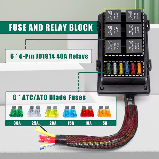 12V 4 Pin Car 6 Slots Waterproof Relay Fuse Box with Cable, 12V 4 Pin