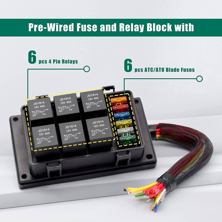 12V 4 Pin Car 6 Slots Waterproof Relay Fuse Box with Cable, 12V 4 Pin
