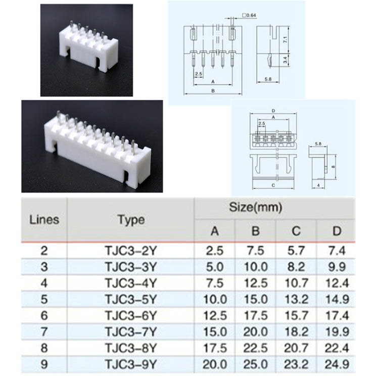 25 Sets TJC3 2.5mm XH 5P 6P 7P 8P 9Pin Male Female Housing Connector with Crimps, 25 Sets