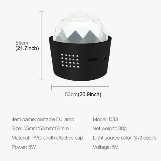D33 5W USB Charging RGB Car Decoration Portable DJ Light Sound Activated Rotating Strobe Effect Atmosphere Light Star Music Light Lamp, DC 5V, D33