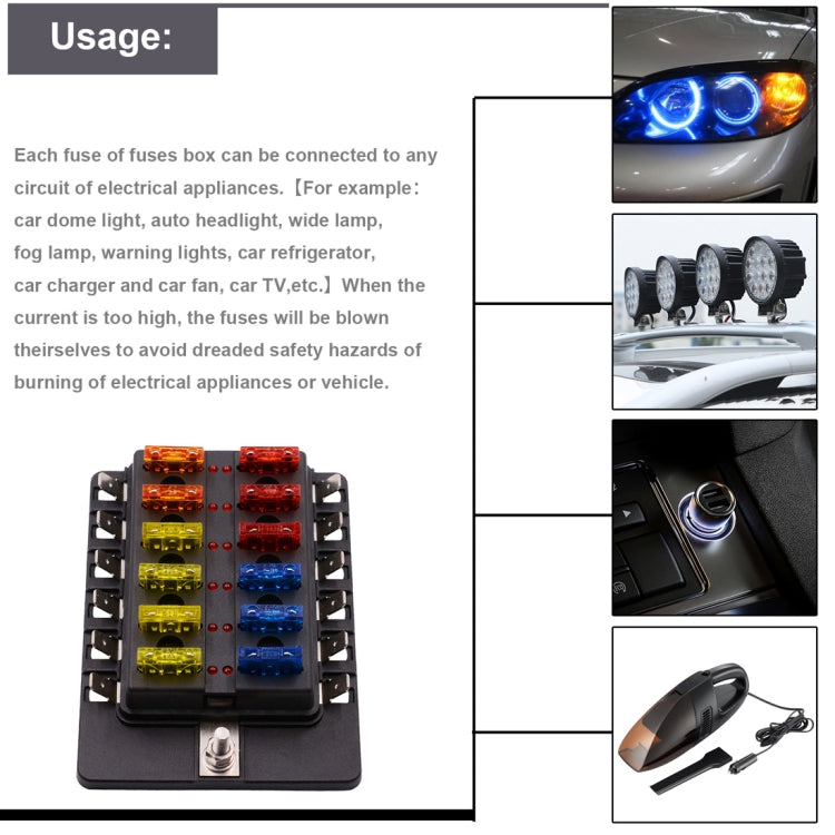 1 in 12 Out Fuse Box PC Terminal Block Fuse Holder Kits with LED Warning Indicator for Auto Car Truck Boat, 1 in 12 Out (PC Terminal Block)