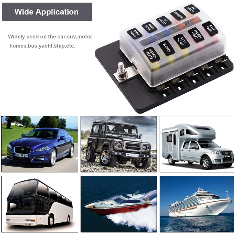 1 in 10 Out Fuse Box PC Terminal Block Fuse Holder Kits with LED Warning Indicator for Auto Car Truck Boat, 1 in 10 Out (PC Terminal Block)