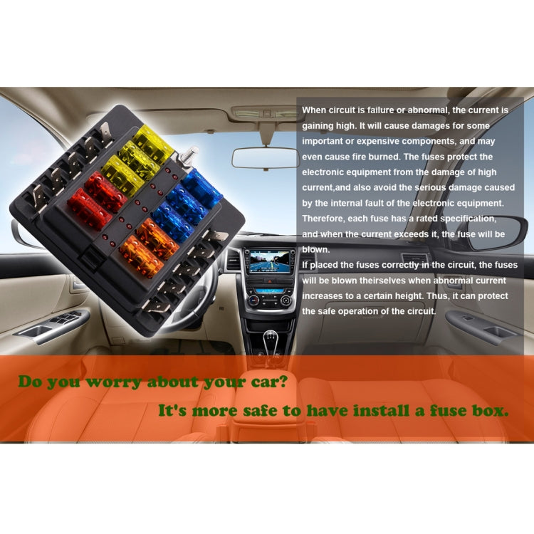 1 in 10 Out Fuse Box PC Terminal Block Fuse Holder Kits with LED Warning Indicator for Auto Car Truck Boat, 1 in 10 Out (PC Terminal Block)