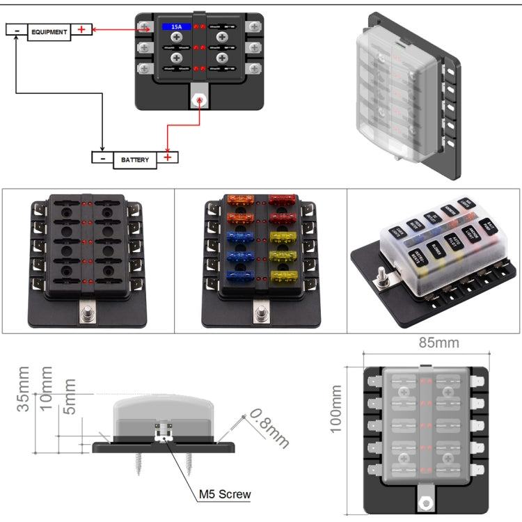 1 in 10 Out Fuse Box PC Terminal Block Fuse Holder Kits with LED Warning Indicator for Auto Car Truck Boat, 1 in 10 Out (PC Terminal Block)