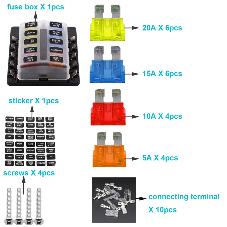 1 in 10 Out Fuse Box PC Terminal Block Fuse Holder Kits with LED Warning Indicator for Auto Car Truck Boat, 1 in 10 Out (PC Terminal Block)