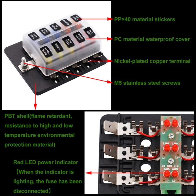 1 in 10 Out Fuse Box PC Terminal Block Fuse Holder Kits with LED Warning Indicator for Auto Car Truck Boat, 1 in 10 Out (PC Terminal Block)